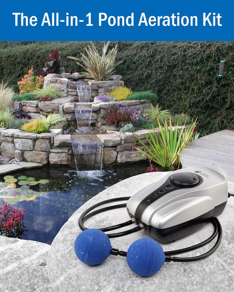 All In One Koi Pond Aerator Kit For Outdoor Ponds Up To 1000 Gallons With Double Outlet Tubing Air Stones Check Valves And Replacement Filter Pads No Fuss Install Pond Air Pump System next to koi pond waterfall.