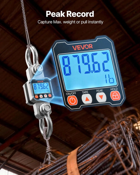 Heavy Duty Digital Crane Scale With 6600 Lbs Max Capacity And Rock Solid Cast Aluminum Case displaying measurement of 879.62 lbs.