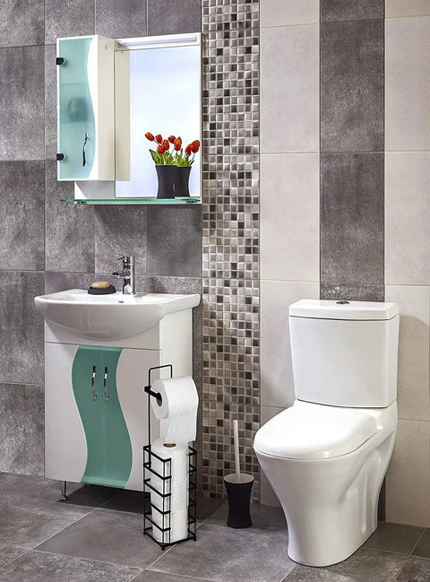 Bathroom with vertical free standing toilet paper dispenser stand for jumbo mega roll storage no fuss easy access with matte black