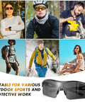 Six Pack Safety Glasses ANSI Z87.1 plus UV protective eyewear impact resistant anti scratch lenses for men and women shown in various activities.
