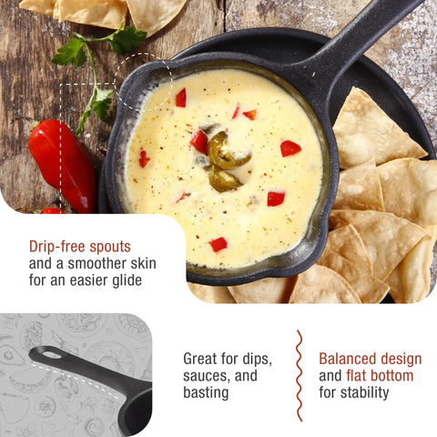 0.5-Quart Cast Iron Saucepan With Flaxseed Oil Seasoning, Go-To Small Melting Pot For Sauteing And Pouring, in use with queso.