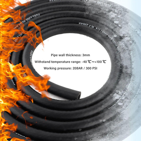 Durable Quarter Inch Fuel Line Hose Upgrade With 300 PSI Rating And 20 Clamps 10 Foot Universal Kit coiled with fire illustration