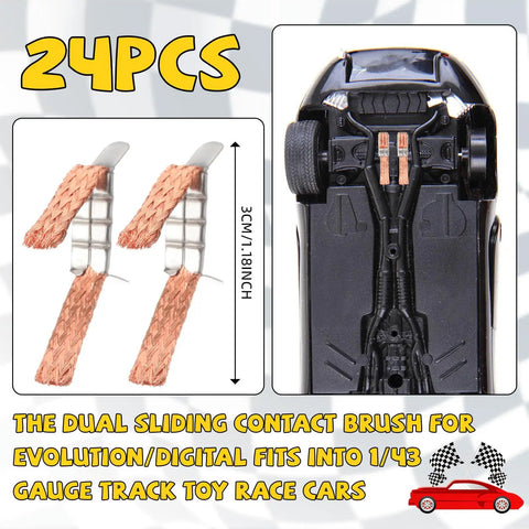 24 Pcs Double Sliding Contact Brushes Set For Evolution Digital 1 43 Scale Slot Car And RC Car Parts, close-up of copper brushes and car bottom