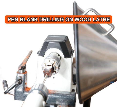Heavy Duty 1/2 Inch Keyed Drill Chuck With Two Morse Taper Arbor in use on a wood lathe, drilling a pen blank.