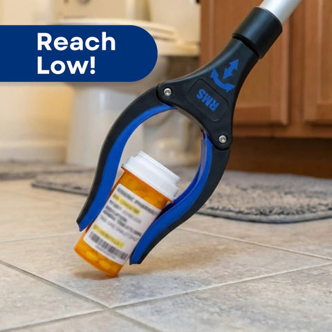 34 Inch Extra Long Reacher Grabber With Foldable Gripper And Rotating Jaw For Easy Pickup, grabbing pill bottle on floor