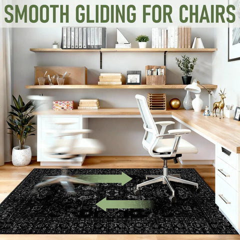 Office setting with 36x48 Inch Office Chair Mat for Hardwood Floors Non Slip Desk Rug, shown with a rolling chair on top.