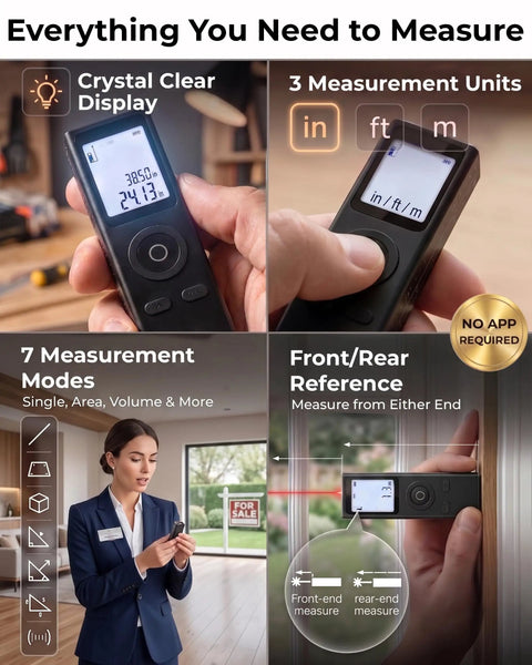 Ultra-Compact Laser Distance Meter Keychain Tool, 2.7 Inch Digital Tape Measure with Backlit Display, front and rear measure