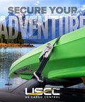 Beefy Stainless Steel Ratchet Straps With Carabiner Hooks 1 Inch By 10 Feet 4 Pack securing green kayak on roof rack