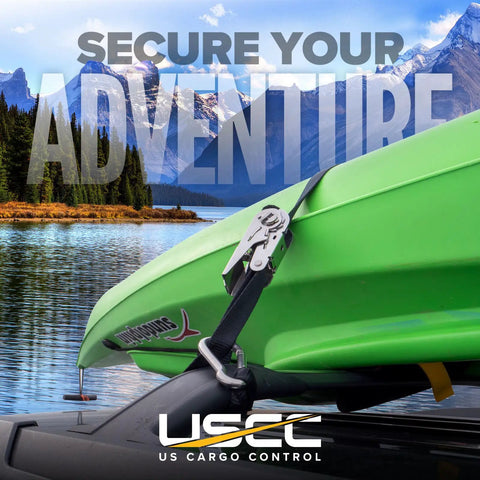 Beefy Stainless Steel Ratchet Straps With Carabiner Hooks 1 Inch By 10 Feet 4 Pack securing green kayak on roof rack