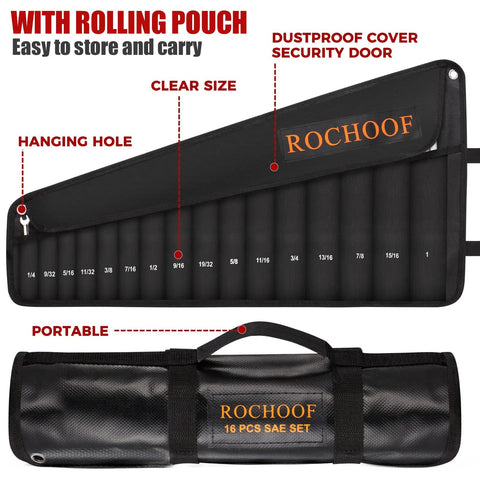 32 Piece Chrome Vanadium Wrench Set With 12 Point SAE And Metric Wrenches From Quarter Inch To One Inch And Seven To Twenty Two Millimeters Rolling Pouch Heavy Duty Rust Resistant Pro Grade in a rolled black pouch.