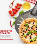 8 Inch Perforated Pizza Peel With Long Handle Aluminum Turning Peel holding a pizza, surrounded by ingredients on a table.