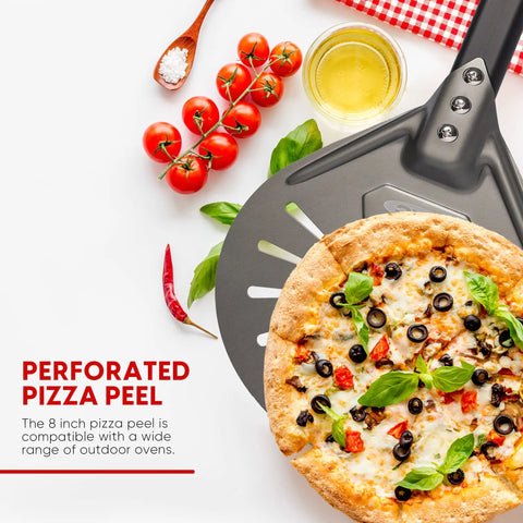 8 Inch Perforated Pizza Peel With Long Handle Aluminum Turning Peel holding a pizza, surrounded by ingredients on a table.