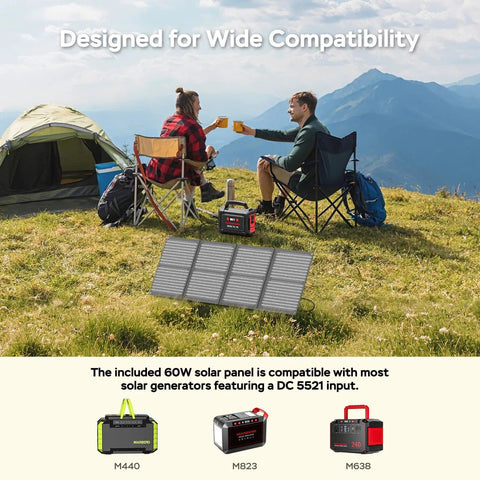 Couple camping with tent and Go To Portable Solar Generator 296Wh Kit with 60W Foldable Panel in mountains