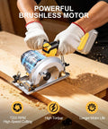5.5 Inch Cordless Circular Saw Tool Only Compatible With DeWalt 20V Max Batteries cutting through wood with 7200 RPM speed.