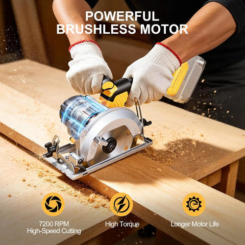 5.5 Inch Cordless Circular Saw Tool Only Compatible With DeWalt 20V Max Batteries cutting through wood with 7200 RPM speed.