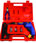 Open red case with a hot staple gun plastic repair kit for cars, motorcycles, and more, showing gun, staples, cutter, and screwdriver.