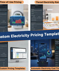 Real Time Power Monitor For Your Home With 16 Channel 50A Clamp-On Sensors, tracks usage and costs, showing electricity pricing templates.