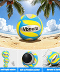 Colorful volleyball on sandy beach under palm trees, labeled Vbneto, with highlighted features of elasticity and durability.