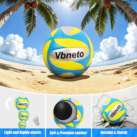 Colorful volleyball on sandy beach under palm trees, labeled Vbneto, with highlighted features of elasticity and durability.