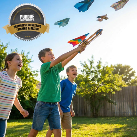Paper Airplane Launcher STEM Kit For Kids Teens And Adults A Hands On Engineering Project That Lets You Build A Wooden Launcher In About 60 Minutes And Fly Custom Planes While Learning Science; kids launch paper planes outdoors