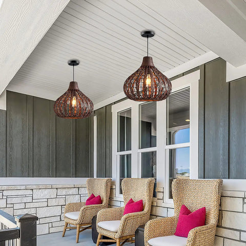 Handwoven Bamboo Pendant Light With Wicker Basket Shade Boho Chic Chandelier For Living Room Bedroom Cafe Teahouse 2 Pack Rustic Natural Rattan Lamps Durable Waterproof Shade on porch