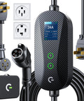 Carbon Fiber Level 2 EV Charger with 24A Adjustable Current, Timer, Smart Display, 21 Ft Cable, J1772 Connector, NEMA Plugs