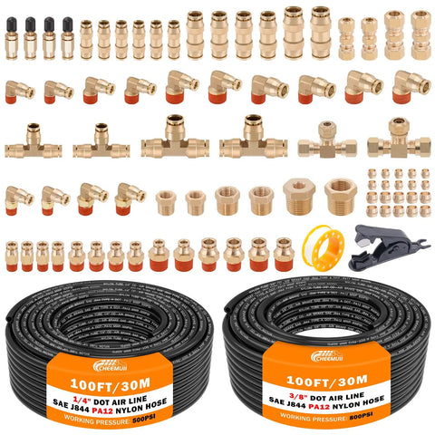 80 Piece Brass DOT Air Line Fittings Kit With Two Hoses Each One Hundred Feet Long In One Quarter Inch And Three Eighths Inch