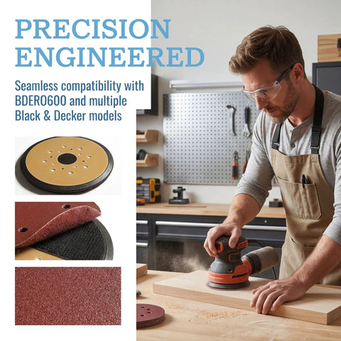 Man using Replacement Sander Pad And 25 Sanding Discs Set For Orbital Sander Models BDERO600 BDERO100 RO100B RO100K