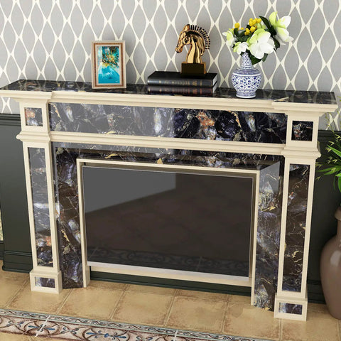 Fireplace with black marble peel and stick wallpaper for countertops and surfaces DIY friendly no mess install waterproof