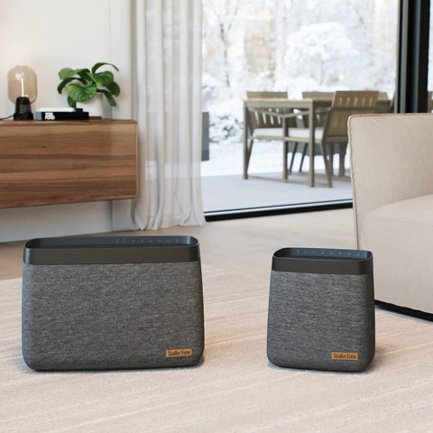 Living room with two modern black and gray air purifiers on carpet near glass doors and wooden furniture.
