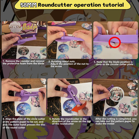 Tutorial on 58mm Button Maker Kit For DIY Pins Includes Free Button Parts Circle Cutter Cutting Board Pattern Paper Holographic Bags Colored Film And Protective Case Pink Finish.