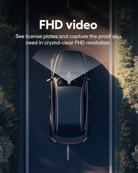 Overhead view of car with FHD dash cam footage projection, highlighting clear license plate capture. GPS Dash Cam With 32GB Card Included, Unlimited Cloud Storage, 24 Seven Parking Mode, Wireless Car Camera With AI Incident Detection, Instant Video Evidence, Live Footage Streams To Your Phone Via Classic App.