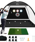Golfer using 10x7 Ft Golf Hitting Net With Tri Turf Mat Multi Target Practice Net in backyard, showing heavy-duty frame and accessories.