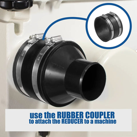 Four Inch To Two And A Half Inch Reducer With Four Inch Rubber Cuff Coupler And Stainless Steel Hose Clamps attached to machine