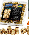 Pro Grade Lead Free Brass Threaded Inserts Kit M5x8x7mm Heat Set Hardware for 3D Printing Parts in a clear storage box.