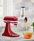 Fresh Prep Slicer Shredder Stand Mixer Attachment For Quick Slicing Grating And Shredding Turns Your Stand Mixer Into A Boss Helper Durable Stainless Steel Components Fits Most Mixers attached to red stand mixer shredding cheese