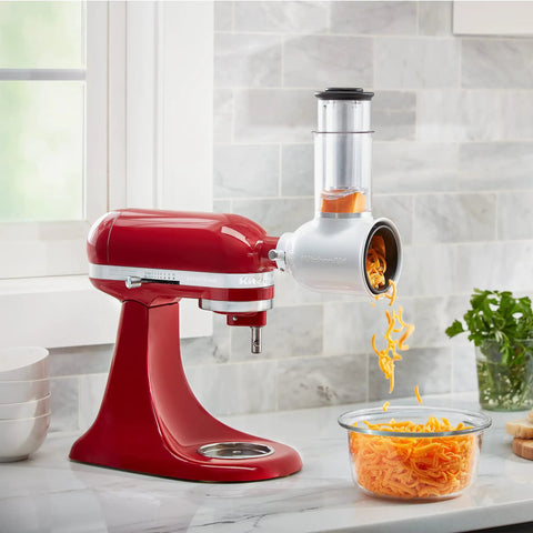 Fresh Prep Slicer Shredder Stand Mixer Attachment For Quick Slicing Grating And Shredding Turns Your Stand Mixer Into A Boss Helper Durable Stainless Steel Components Fits Most Mixers attached to red stand mixer shredding cheese