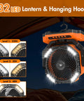 40,000mAh Rechargeable Battery Powered Oscillating Floor Fan with 32 LED Lantern and Hanging Hook.