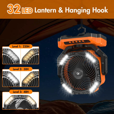 40,000mAh Rechargeable Battery Powered Oscillating Floor Fan with 32 LED Lantern and Hanging Hook.