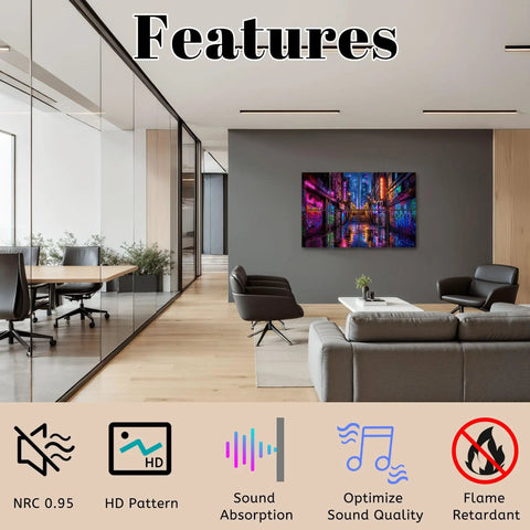 8 Pack Peel And Stick Acoustic Wall Panels With Neon Graffiti City Skyline Design Premium Polyester Fiber Sound Absorbing Foam Tiles For Recording Booths And Home Office Level Up Your Rig in modern office interior.
