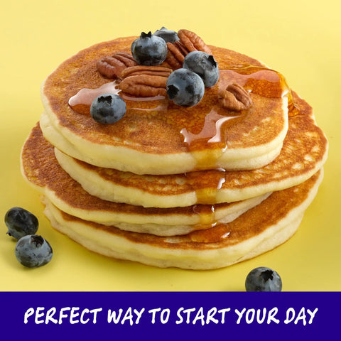 Stack of fluffy pancakes with pecans and blueberries made from Gluten Free Pancake And Baking Mix For Fluffy Pancakes, Waffles, Biscuits.