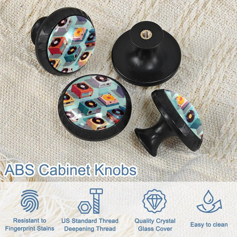 Color Record Player Pattern Cabinet Knobs Set Of 4 on woven surface showcasing colorful vinyl design