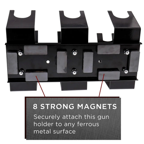 Underside of Heavy Duty Magnetic Paint Spray Gun Holder Stand That Keeps Three Guns Secure and Ready, showing 8 magnets.