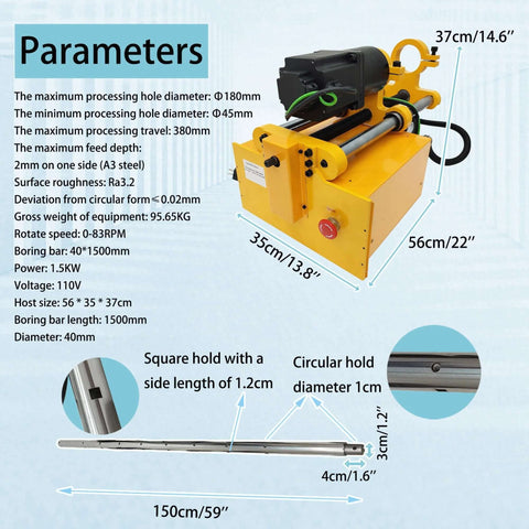 HayWHNKN portable precision boring machine, yellow with 150 cm boring bar and 110V power