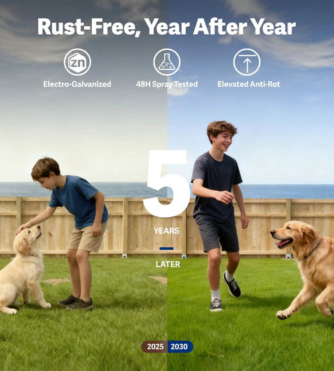 Comparison of rust-free wood fence over five years, showing two boys and a golden retriever, with electro-galvanized and anti-rot features.