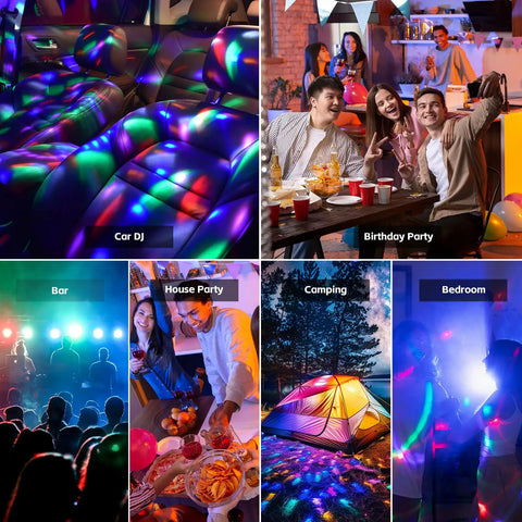 Sound Activated Mini Disco Ball Lights For Cars And Rooms RGB Multicolor DJ Party Lights create colorful strobe effects