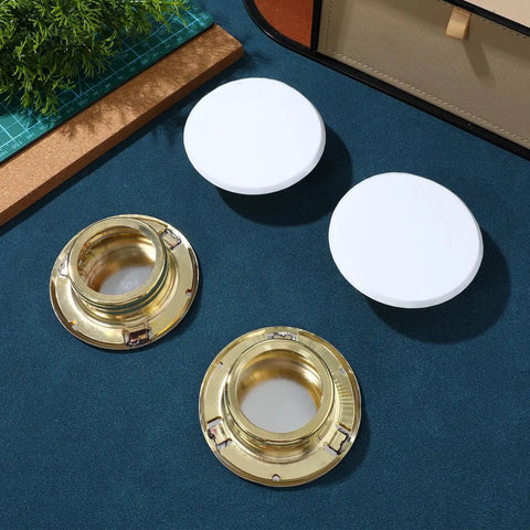 Slick Fit Galvanized Steel Recessed Fire Sprinkler Cover Plates 4 Pack with white caps and gold rings for flush ceiling installation.