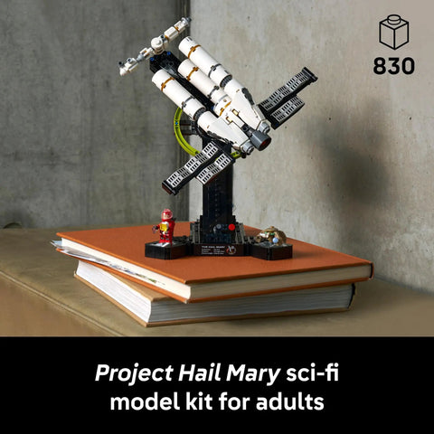 Project Hail Mary Microscale Spacecraft Model Collectible Set For Adults on display stand with books