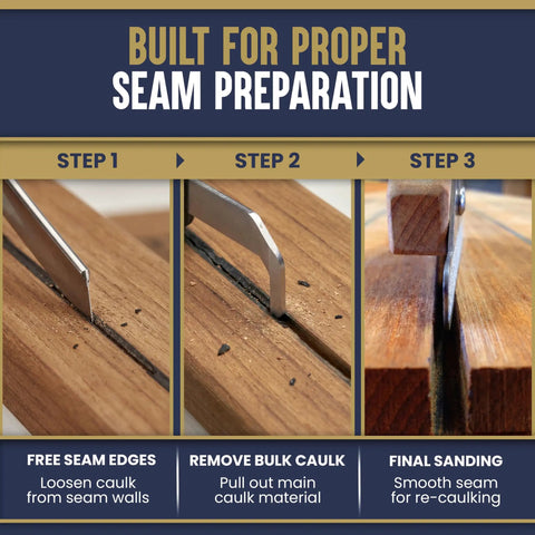 Steps showing Reefing Hook For Boat Caulk Removal; Step 1: loosen seam edges, Step 2: remove bulk caulk, Step 3: final sanding
