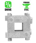 Rear Disc Brake Piston Tool And Caliper Compression Tool For Easy Brake Pad Change And Caliper Service With Three Eighths Inch Drive And Pro Grade Forged Steel Build For Most Cars And Light Trucks, showing 3/8 drive and forged steel icons, square block design.